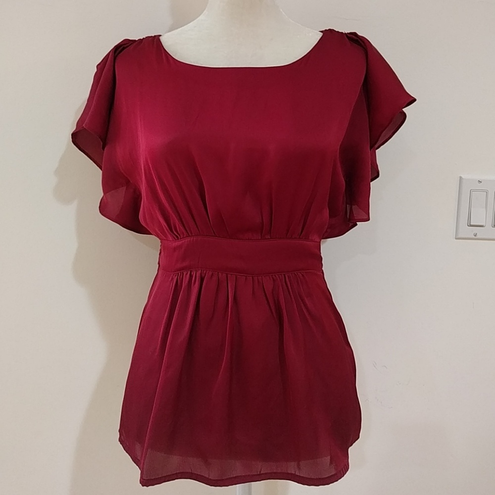 RARE - Red Shiny Flutter Sleeve Tie + Elastic Waist Top - Picture 1 of 6